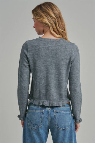 Women's heather gray button-front knit cardigan with ruffle trim at the hem and cuffs, long sleeves and a slightly cropped fit.
