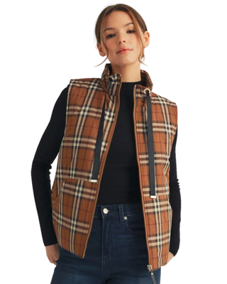 Women’s brown plaid quilted vest with high stand collar, black drawstring details, full zip front and patch pockets.