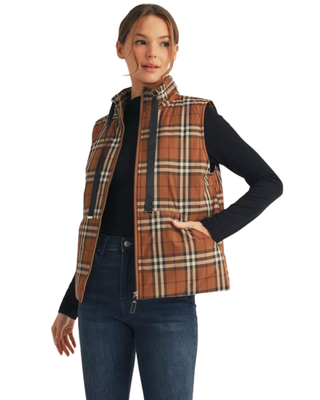 Women’s brown plaid quilted vest with high stand collar, black drawstring details, full zip front and patch pockets.