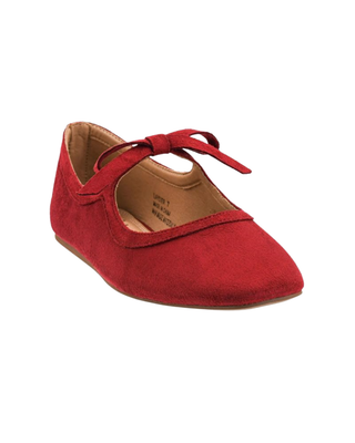 Women’s red suede-look ballet flat with statement bow detail, rounded toe, and low-profile sole.