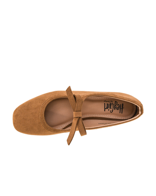 Camel brown velvet Mary Jane ballet flat with pointed toe and bow-tie strap detail.