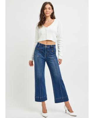 Medium-wash high-rise cropped wide-leg jeans with front patch pockets, vertical seam detailing and wide finished hems.