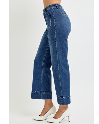 Medium-wash high-rise cropped wide-leg jeans with front patch pockets, vertical seam detailing and wide finished hems.