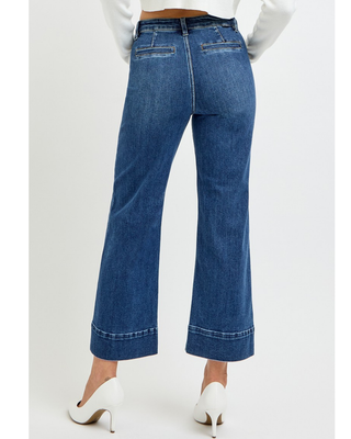 Medium-wash high-rise cropped wide-leg jeans with front patch pockets, vertical seam detailing and wide finished hems.