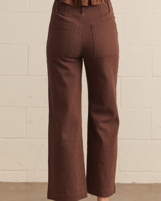 A pair of high-waisted, wide-leg brown pants shown from the back, featuring two large patch pockets and a button closure, set against a light beige brick wall.