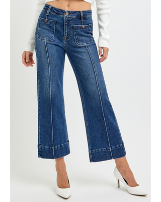 Medium-wash high-rise cropped wide-leg jeans with front patch pockets, vertical seam detailing and wide finished hems.