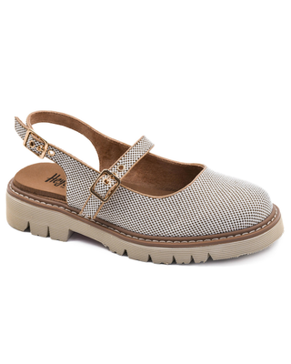 If You Say So Mary Jane Flat featuring a neutral woven finish, adjustable double buckle straps, slingback design, and lightweight lug sole.