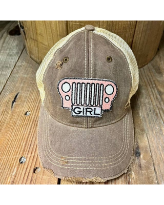 Brown distressed mesh-back trucker hat featuring an embroidered pink “Jeep Girl” patch and curved brim.