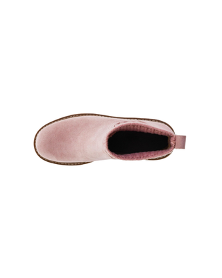 Blush pink suede-look ankle boot with cable-knit side panels, back pull tab, contrast stitching, and chunky gum lug sole.