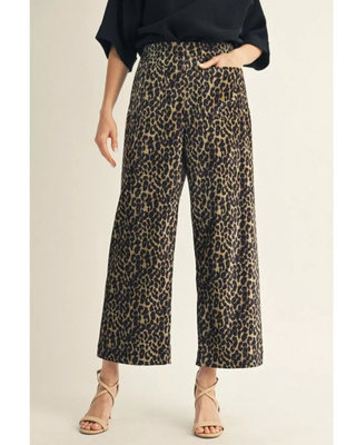 Woman wearing leopard print high-rise wide-leg cropped pants with a black top and neutral heels.