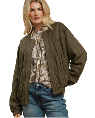 Women’s olive green puff sleeve jacket with gathered front detailing, long sleeves, elasticized cuffs and hem, and relaxed fit.