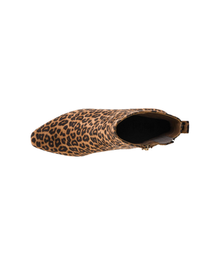 Women’s leopard print suede-look ankle bootie with rounded toe, ankle-height silhouette, and mid-height block heel.