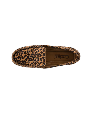 Women’s leopard print suede-look penny loafer with moc-toe stitching, slip-on design, and low-profile brown sole.