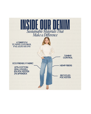 The Sutton Palazzo Jeans featuring eco-friendly light wash stretch denim, a high-rise tummy control waistband, front seam detailing, and a wide palazzo leg with a raw hem.