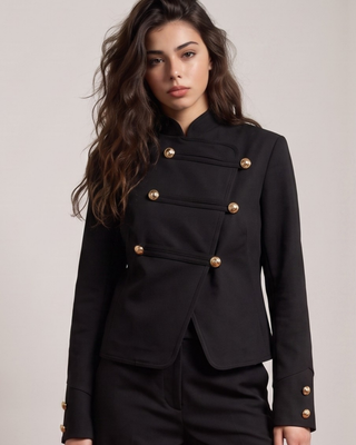 A woman wearing a black cropped military-style jacket with gold-tone double-breasted buttons, photographed against a plain light gray studio background.