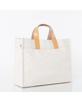 Mini Advantage Bag featuring natural heavyweight canvas, genuine leather handles, detachable shoulder strap, and spacious organized interior.