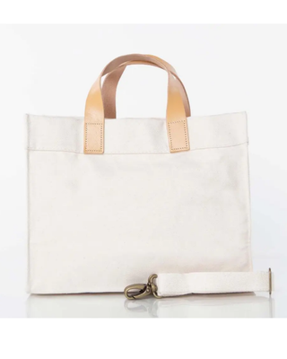 Mini Advantage Bag featuring natural heavyweight canvas, genuine leather handles, detachable shoulder strap, and spacious organized interior.
