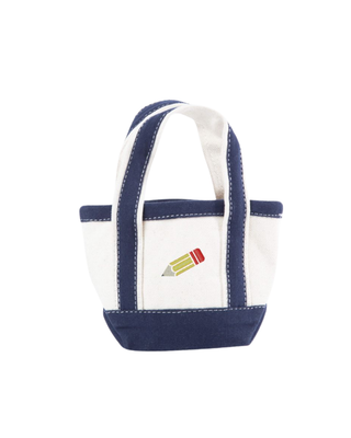 Mini Classic Tote in Navy featuring durable heavyweight canvas, reinforced navy handles, an open-top design, and a personalized embroidered pencil motif on the front.