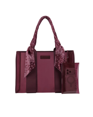 Burgundy translucent jelly tote bag with paisley bandana scarf-wrapped handles and detachable clear phone pouch.