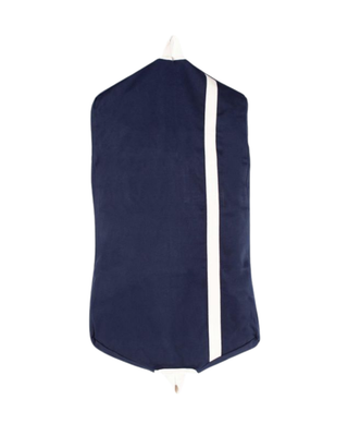 Cream canvas personalized garment bag with hot pink trim, vertical accent stripe, and embroidered monogram, ideal for travel and clothing storage.