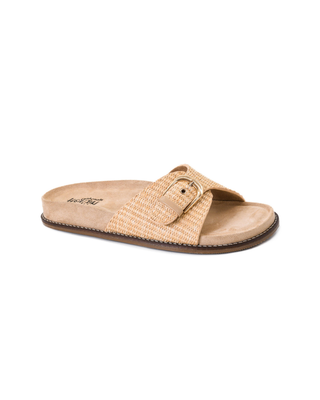 Passport Raffia Slide Sandal featuring a woven raffia upper, oversized buckle detail, contoured footbed, and slip-on design.