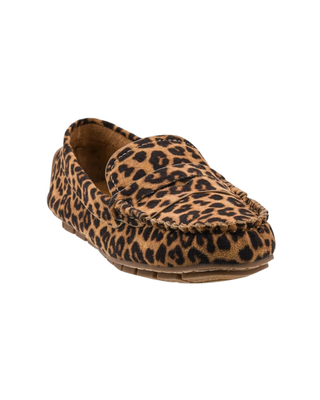 Women’s leopard print suede-look penny loafer with moc-toe stitching, slip-on design, and low-profile brown sole.
