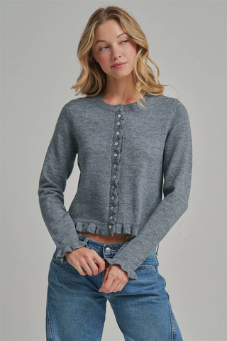 Women's heather gray button-front knit cardigan with ruffle trim at the hem and cuffs, long sleeves and a slightly cropped fit.
