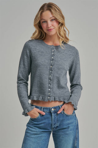 Women's heather gray button-front knit cardigan with ruffle trim at the hem and cuffs, long sleeves and a slightly cropped fit.