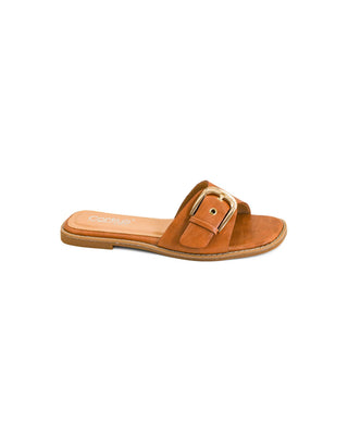Cognac brown slide sandal with a wide suede strap and gold-tone buckle on a white background.