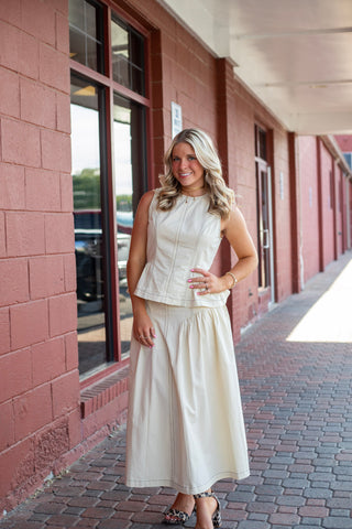 Beige poplin round neck sleeveless top with top stitch design that comes in a set