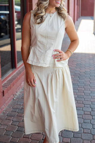 Beige poplin round neck sleeveless top with top stitch design that comes in a set