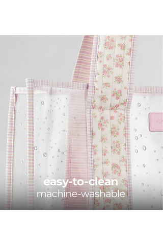 Close-up showing the easy-to-clean material of the Case-Mate Quilted Ditsy Floral Jelly Tote.