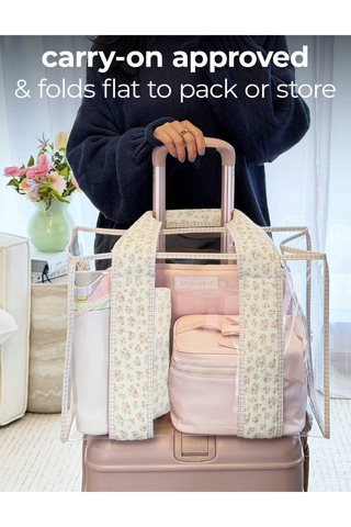 Case-Mate Quilted Ditsy Floral Jelly Tote packed for travel and approved for carry-on use.