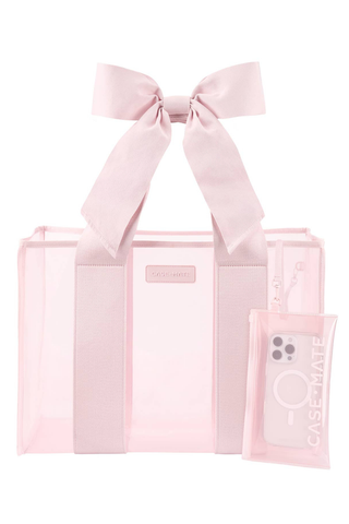 Case-Mate Afternoon Rosé Bow Jelly Tote with matching water-resistant phone pouch.