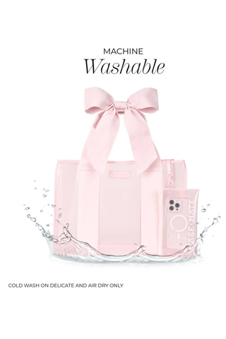 Machine-washable Case-Mate Afternoon Rosé Bow Jelly Tote with matching phone pouch.