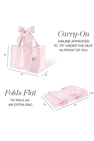 Case-Mate Afternoon Rosé Bow Jelly Tote shown upright and folded flat for carry-on travel.