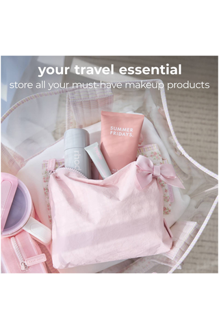 Case-Mate Ballet Pink Bow Crinkle Makeup Bag holding makeup, toiletries, and travel essentials.