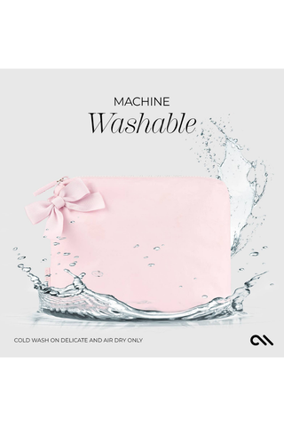 Machine-washable Case-Mate Ballet Pink Bow Crinkle Makeup Bag with waterproof material.