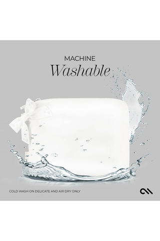 Machine-washable Case-Mate Ivory Pearl Bow Crinkle Makeup Bag with waterproof material.