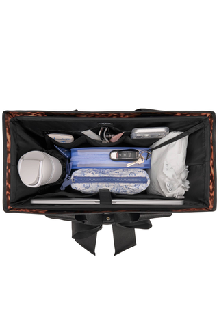Case-Mate Midnight Black Jelly Tote Organizer filled with a water bottle, accessories, and everyday essentials.
