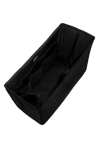 Angled view of the empty Case-Mate Midnight Black Jelly Tote Organizer showing its structured interior compartments.