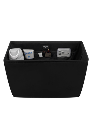 Front view of the Case-Mate Midnight Black Jelly Tote Organizer with six compartments holding everyday essentials.