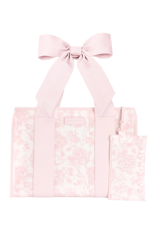 Case-Mate Pink Toile Bow Jelly Tote with matching water-resistant phone pouch.
