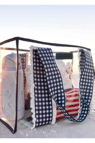 Case-Mate Navy Gingham Jelly Tote packed with clothing and travel essentials.