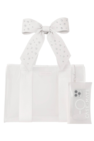 Case-Mate Ivory Pearl Bow Jelly Tote with rhinestone bow and water-resistant phone pouch