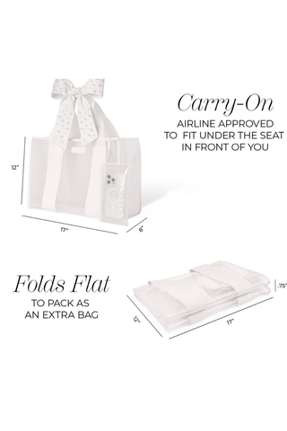 Case-Mate Ivory Pearl Bow Jelly Tote shown upright and folded flat, highlighting its carry-on-approved size and packable design.