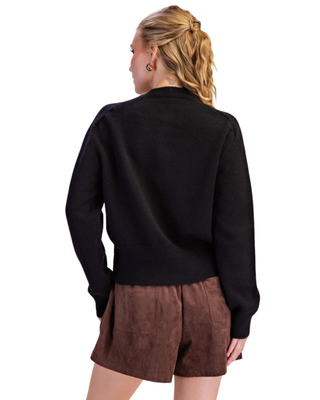 Women’s black knit cardigan with crew neckline, tonal front buttons, long sleeves, ribbed trim and relaxed fit.