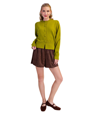 Women's chartreuse green knit cardigan with fabric-covered buttons, crew neckline, long sleeves and ribbed trim.
