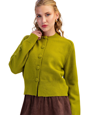 Women's chartreuse green knit cardigan with fabric-covered buttons, crew neckline, long sleeves and ribbed trim.