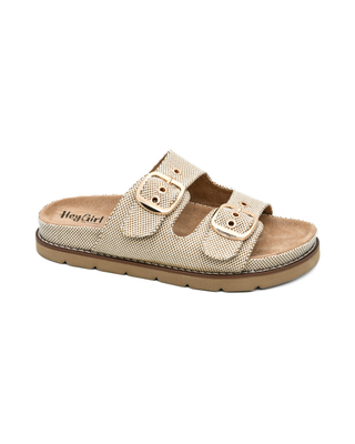 She's Spicy double buckle slide sandal featuring a woven textured upper, gold buckle hardware, contoured footbed, and slip-on design.